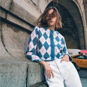 Zara Argyle Knit Jacquard Cardigan M